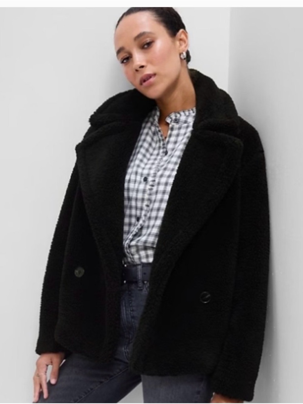 GAP Black Teddy Peacoat with Wide Lapel